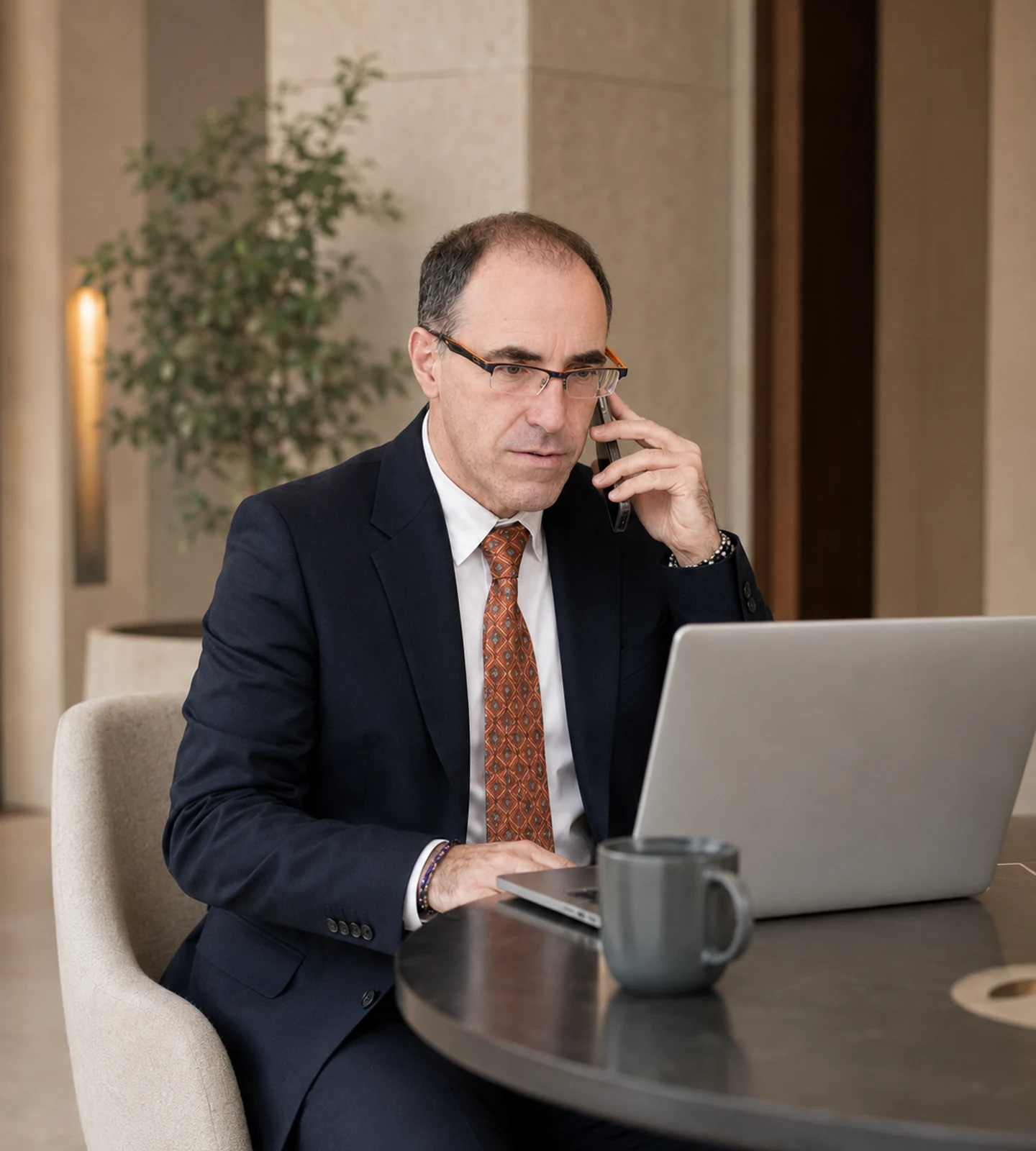 Josep Lorenzo trabajando con concentración mientras atiende una llamada profesional.